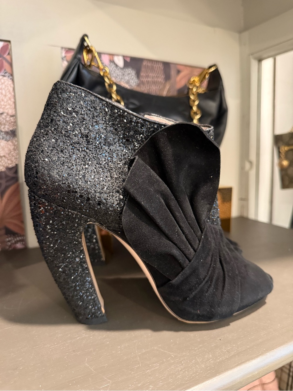 Miu Miu Black Glitter Suede Draped Ankle Boot